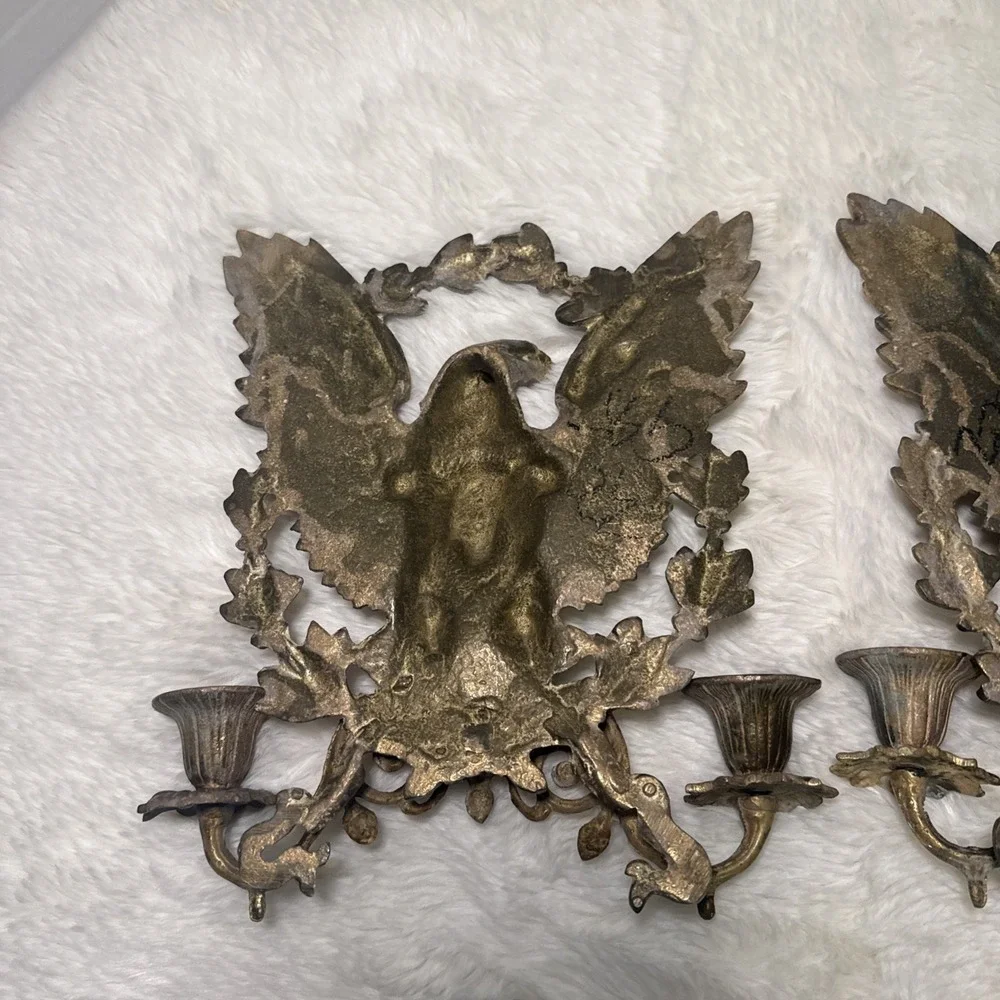 Vintage Brass Eagle Wall Scroll Sconce Candlestick Hollywood Regency Pair 2 MCM